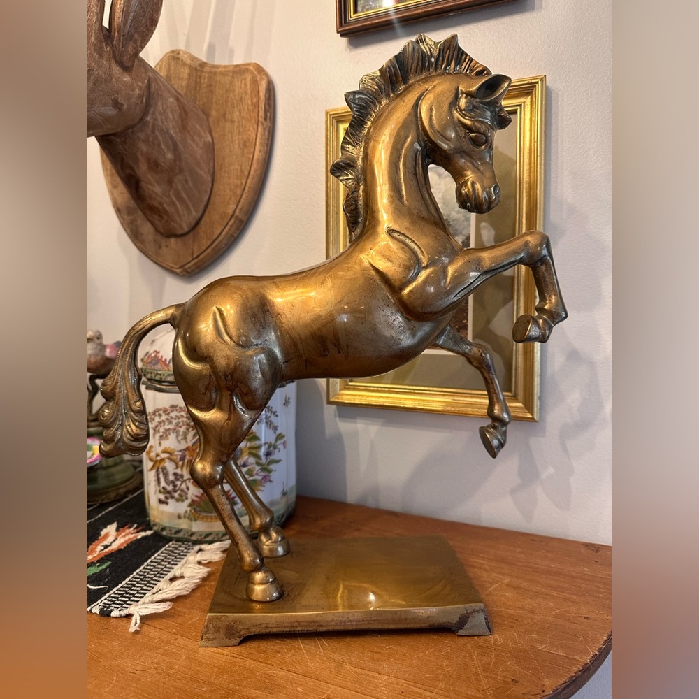 Vintage Brass Rearing Horse Sculpture Western Equestrian